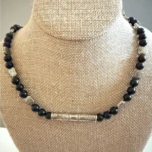 Vintage Sterling Silver Greenish Black Natural Gemstone Beaded Necklace